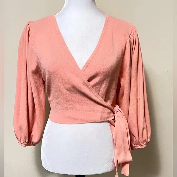 MISSGUIDED new Pink True Wrap Around Straps Crop Balloon Sleeves Knit Top 10/12 - Picture 3 of 16